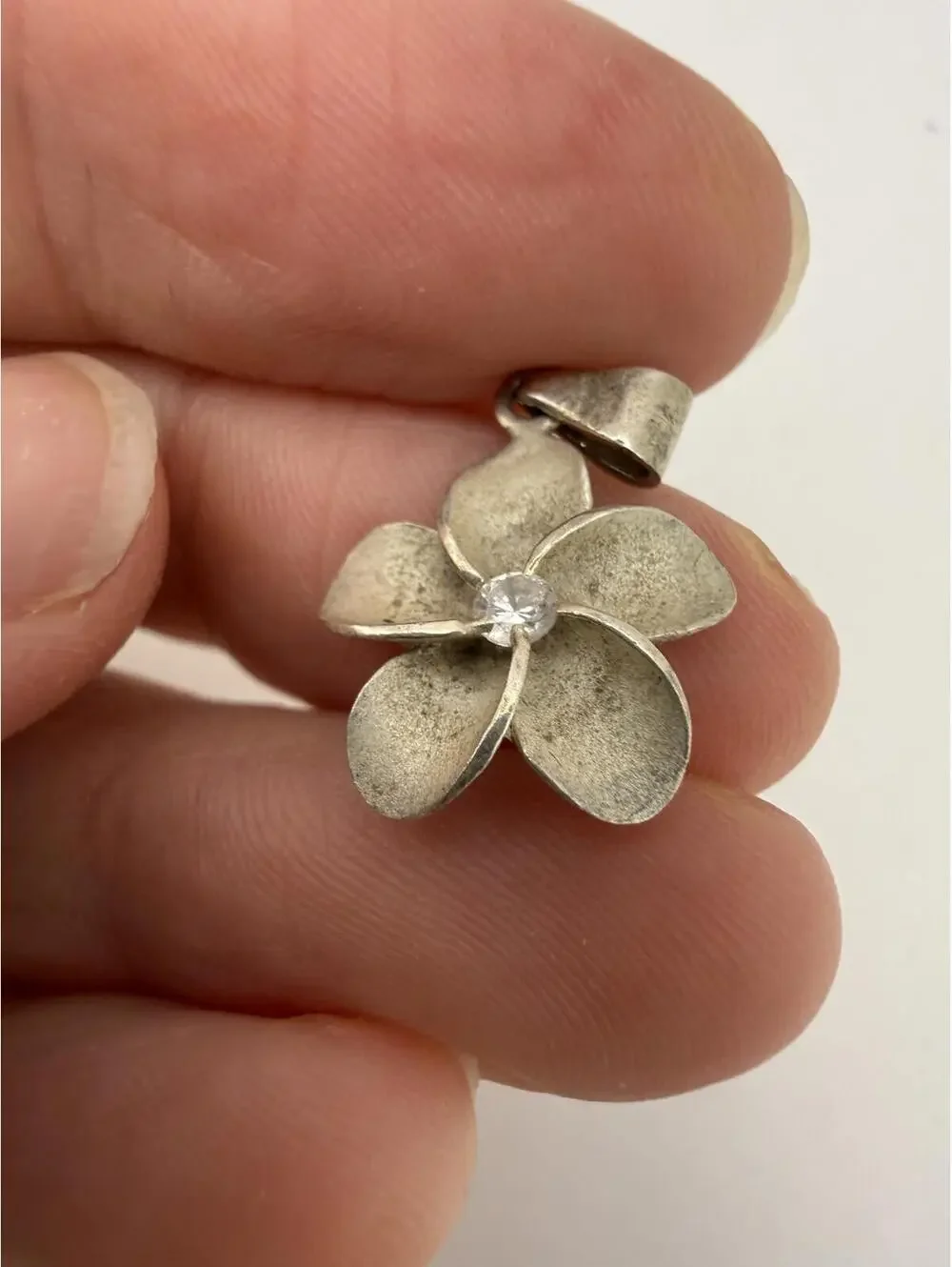 Vintage Silver Flower Pendant with Clear Stone Center